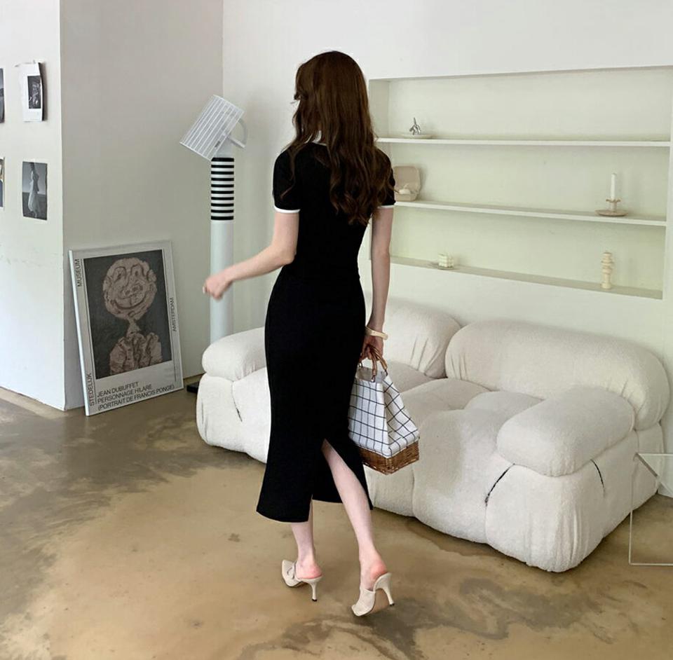 配色スリムワンピース・全3色・t68267 レディース 【ops】 ワンピース ロング ロングワンピース 配色 スリム タイト Hライン 半袖 シンプル 大人 カジュアル 春 夏 韓国 ファッション ハイホリHIHOLLI