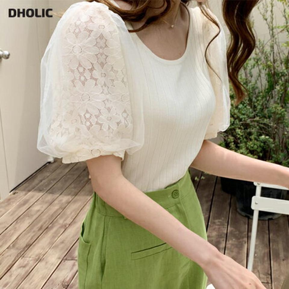 メッシュレースパフリブニット・全5色・b68268 レディース 【tops】【トップス ニット ニットトップス 半袖 ハーフスリーブ パフ袖 パフスリーブ メッシュ レース フェミニン 可愛い かわいい 透け感 シアー 春 夏 韓国 ファッション】【ハイホリHIHOLLI】