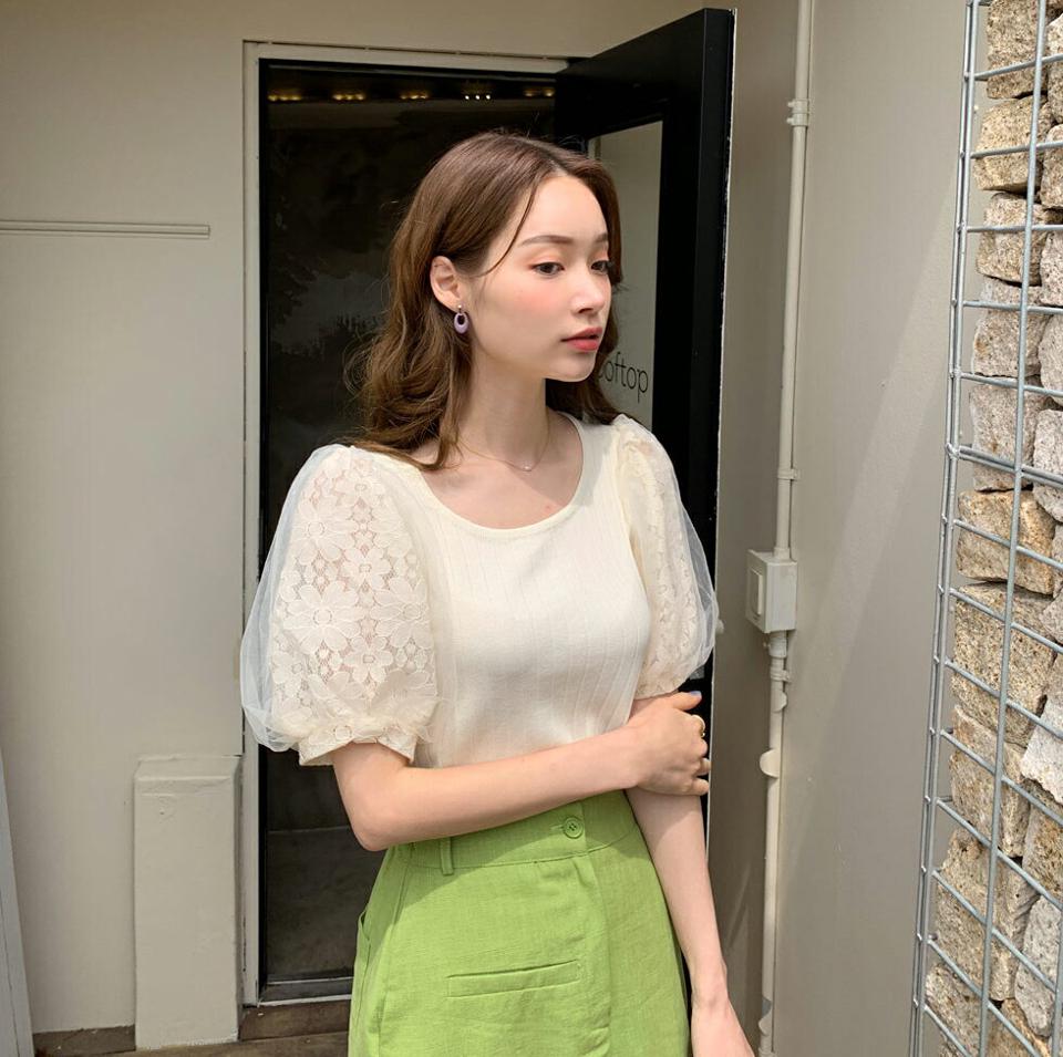 メッシュレースパフリブニット・全5色・b68268 レディース 【tops】【トップス ニット ニットトップス 半袖 ハーフスリーブ パフ袖 パフスリーブ メッシュ レース フェミニン 可愛い かわいい 透け感 シアー 春 夏 韓国 ファッション】【ハイホリHIHOLLI】
