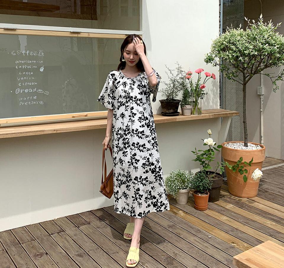 ストラップ付コットン花柄ワンピース・全2色・b68277 レディース 【ops】【ワンピース ロング ロングワンピース 半袖 ハーフスリーブ 花柄 フラワー シック モダン 大人 春 夏 韓国 ファッション】【ハイホリHIHOLLI】