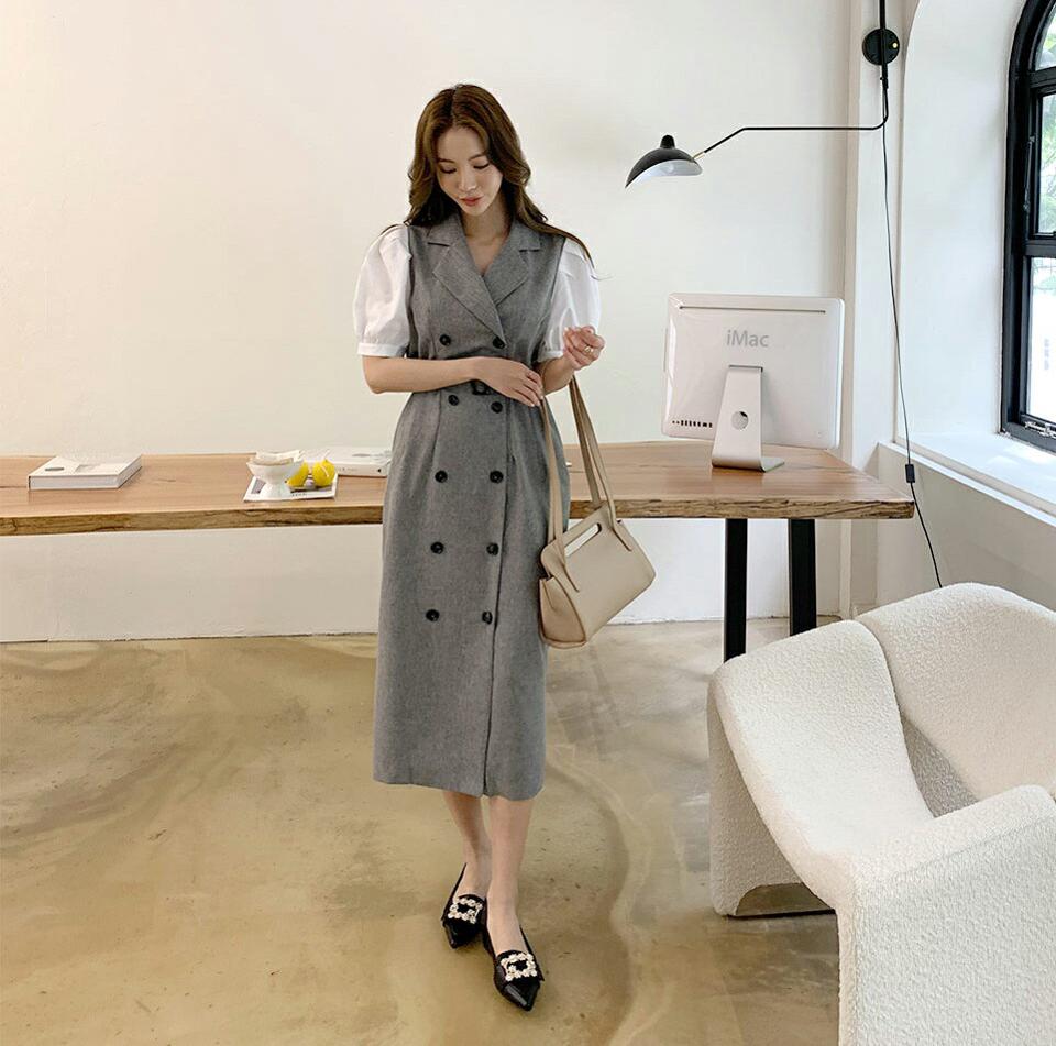 ベルト付ダブルボタンワンピース・全3色・t68261 レディース 【ops】【ワンピース ロング ロングワンピース 半袖 ハーフスリーブ ベルト カジュアル ストライプ柄 春 夏 韓国 ファッション】【ハイホリHIHOLLI】