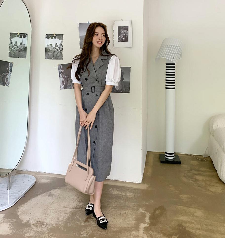 ベルト付ダブルボタンワンピース・全3色・t68261 レディース 【ops】【ワンピース ロング ロングワンピース 半袖 ハーフスリーブ ベルト カジュアル ストライプ柄 春 夏 韓国 ファッション】【ハイホリHIHOLLI】