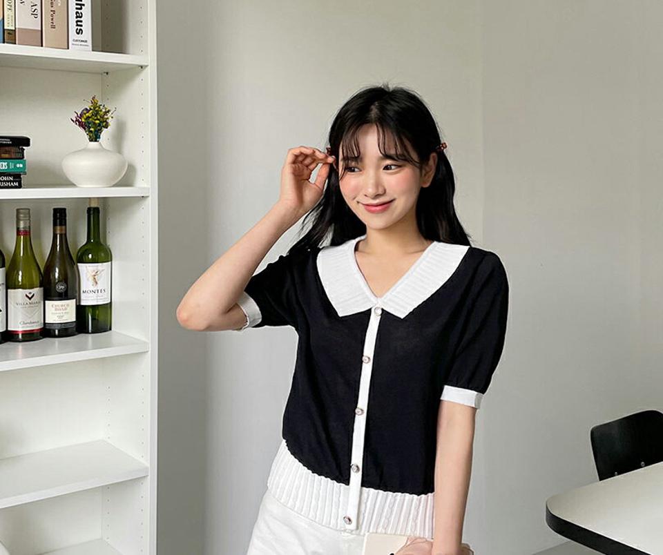 フェイクボタン配色カラーニット・全3色・b64138 レディース 【tops】【韓国 ファッション トップス ニット 半袖 カジュアル かわいい ベーシック 配色 リブ 細身 体型カーバー ガーリー デイリー 春 夏】【NIJU】
