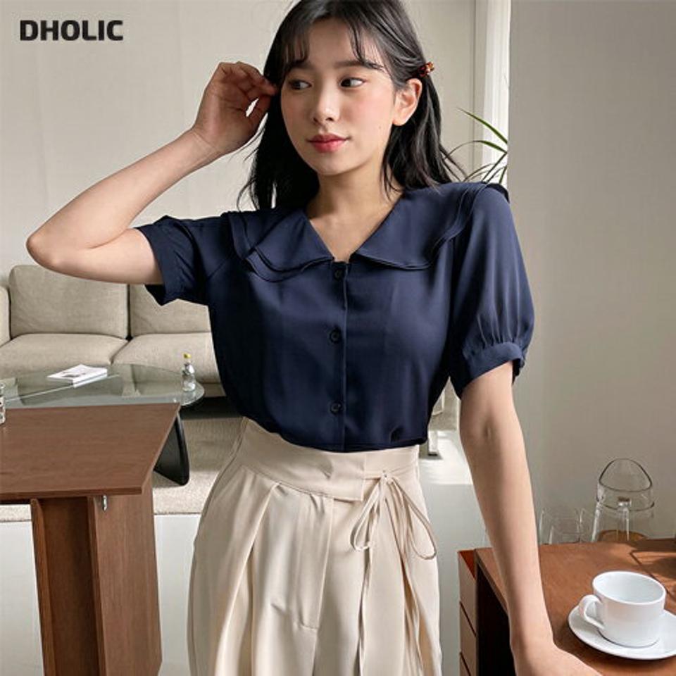 【10%OFF】≪人気商品再入荷≫フリルカラーボタンブラウス・全3色・b64137 レディース 【bl】 韓国ファッション トップス ブラウス 半袖 フリルカラー フリル パフスリーブ ラウンドネック ガーリー フィット 体型カバー 細身 スリム 春 夏 NIJU セール SALE