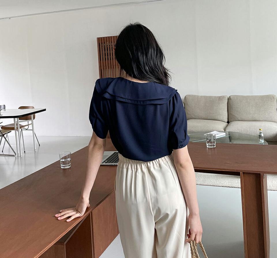 【10%OFF】≪人気商品再入荷≫フリルカラーボタンブラウス・全3色・b64137 レディース 【bl】 韓国ファッション トップス ブラウス 半袖 フリルカラー フリル パフスリーブ ラウンドネック ガーリー フィット 体型カバー 細身 スリム 春 夏 NIJU セール SALE