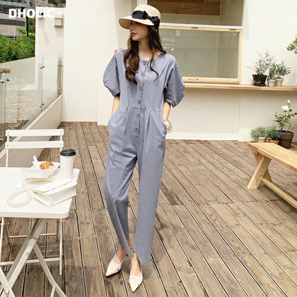 リネン混ボタンパフオールインワン・全3色・t68254 レディース 【pt】 オールインワン パンツ ズボン ロングパンツ 半袖 ハーフスリーブ リネン パフ袖 パフスリーブ 単色 無地 シンプル カジュアル 春 夏 韓国 ファッション ハイホリHIHOLLI