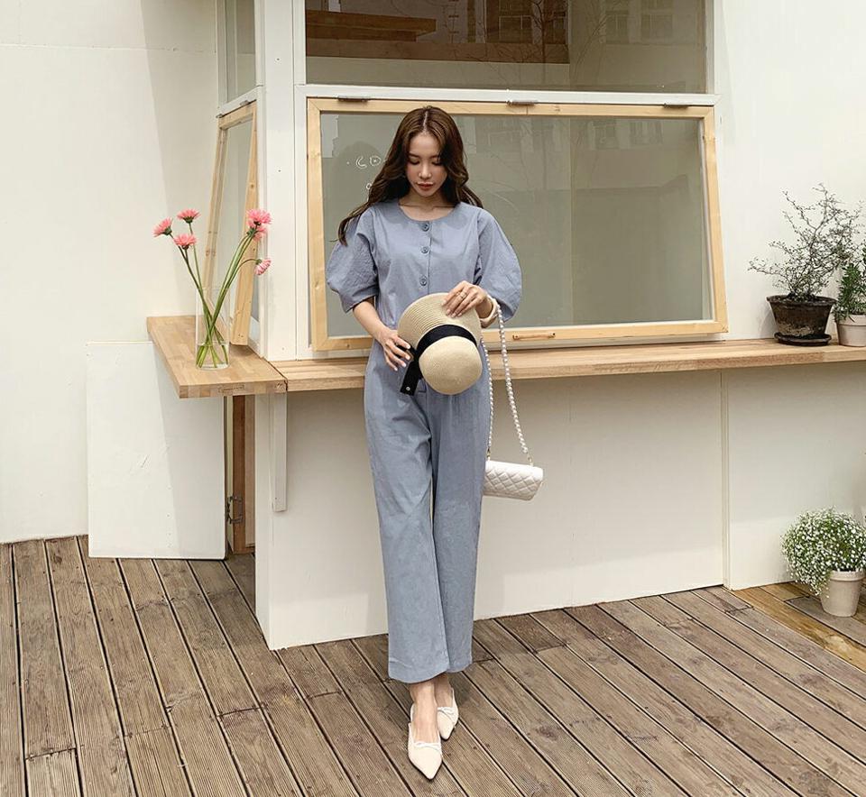 リネン混ボタンパフオールインワン・全3色・t68254 レディース 【pt】 オールインワン パンツ ズボン ロングパンツ 半袖 ハーフスリーブ リネン パフ袖 パフスリーブ 単色 無地 シンプル カジュアル 春 夏 韓国 ファッション ハイホリHIHOLLI