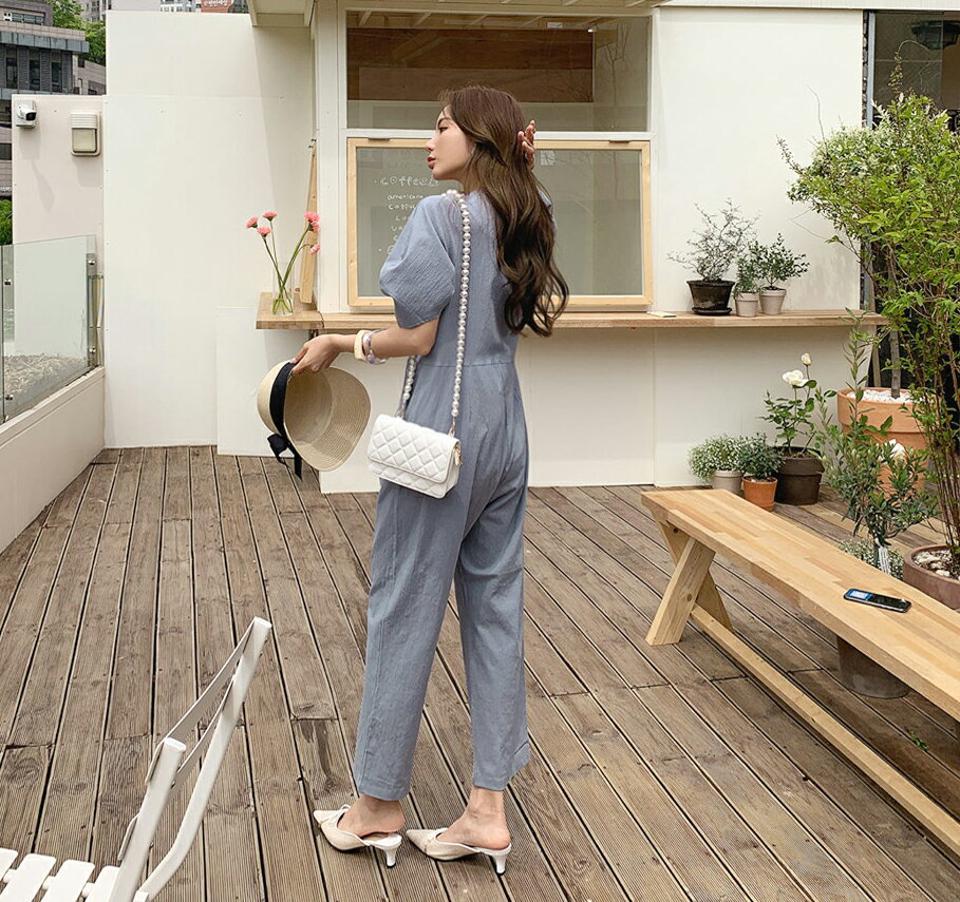 リネン混ボタンパフオールインワン・全3色・t68254 レディース 【pt】 オールインワン パンツ ズボン ロングパンツ 半袖 ハーフスリーブ リネン パフ袖 パフスリーブ 単色 無地 シンプル カジュアル 春 夏 韓国 ファッション ハイホリHIHOLLI