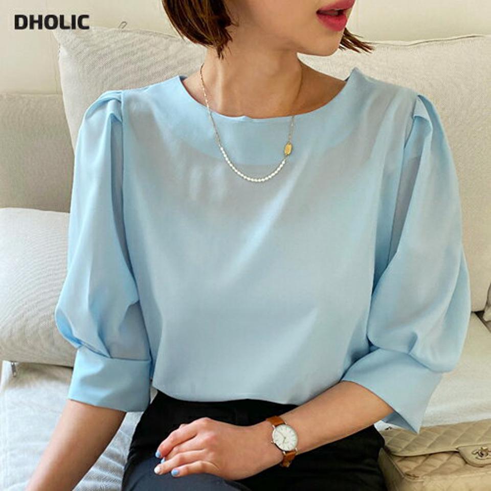 パフスリーブブラウス・全5色・t57379 レディース 【bl】 韓国 ファッション トップス ブラウス 半袖 7分丈 パフスリーブ ラウンドネック ベーシック 無地 フェミニン オフィス オフィスカジュアル 体型カバー スリム ボリューム 夏 春