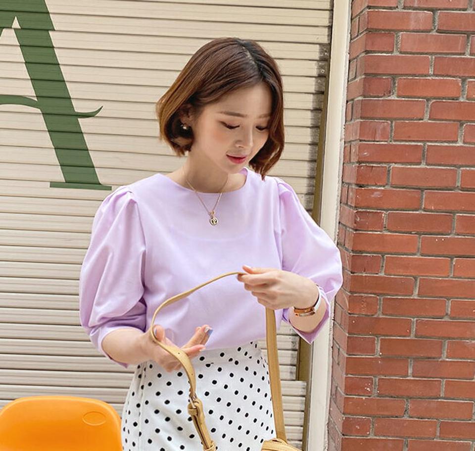 パフスリーブブラウス・全5色・t57379 レディース 【bl】 韓国 ファッション トップス ブラウス 半袖 7分丈 パフスリーブ ラウンドネック ベーシック 無地 フェミニン オフィス オフィスカジュアル 体型カバー スリム ボリューム 夏 春