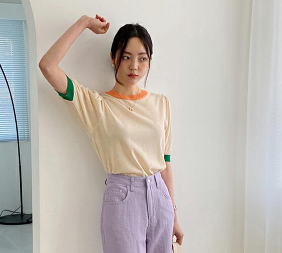 【只今10%OFF】配色ラインラウンドニット・全4色・t57353 レディース 【tops】【韓国 ファッション トップス ニット 半袖 配色 ギャザー ハーフスリーブ ラウンドネック ボリューム ハーフ 体型カバー 細身 フェミニン 夏 春】