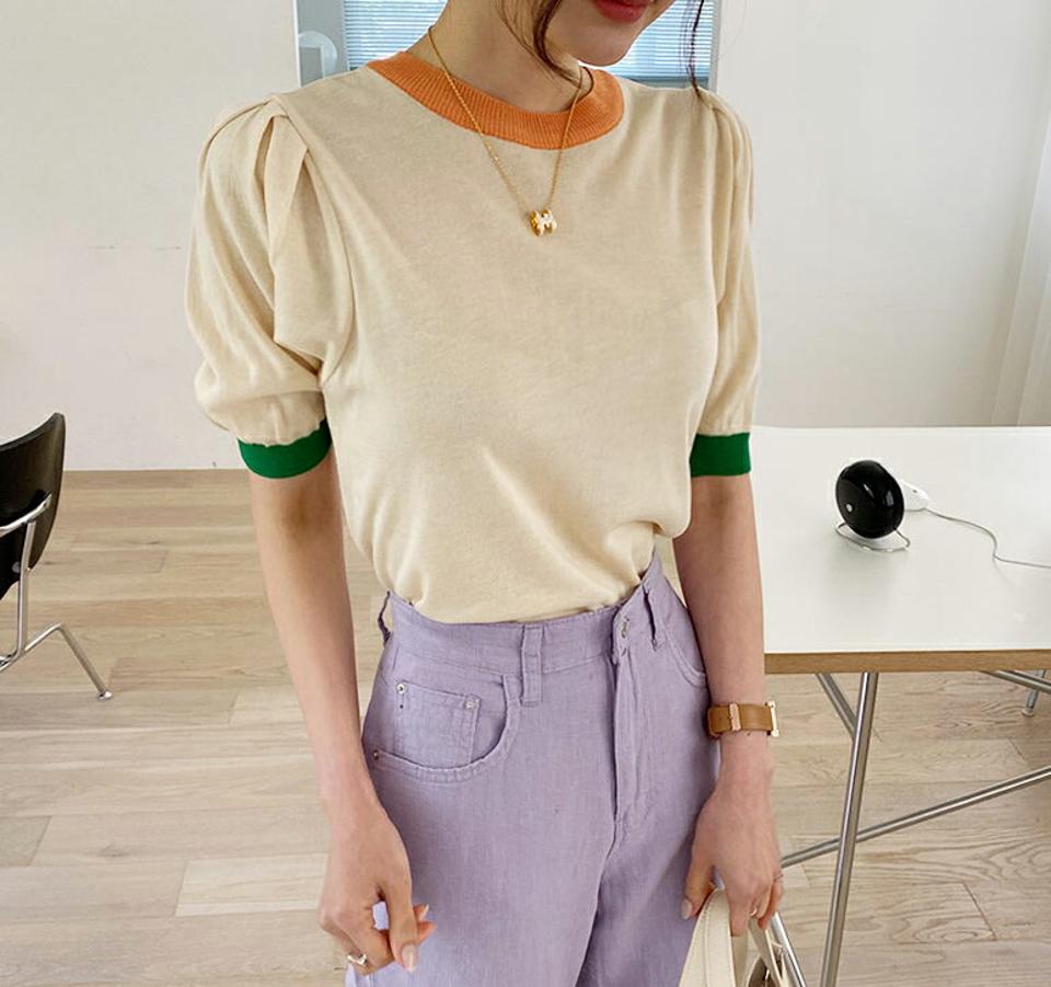 【只今10%OFF】配色ラインラウンドニット・全4色・t57353 レディース 【tops】【韓国 ファッション トップス ニット 半袖 配色 ギャザー ハーフスリーブ ラウンドネック ボリューム ハーフ 体型カバー 細身 フェミニン 夏 春】