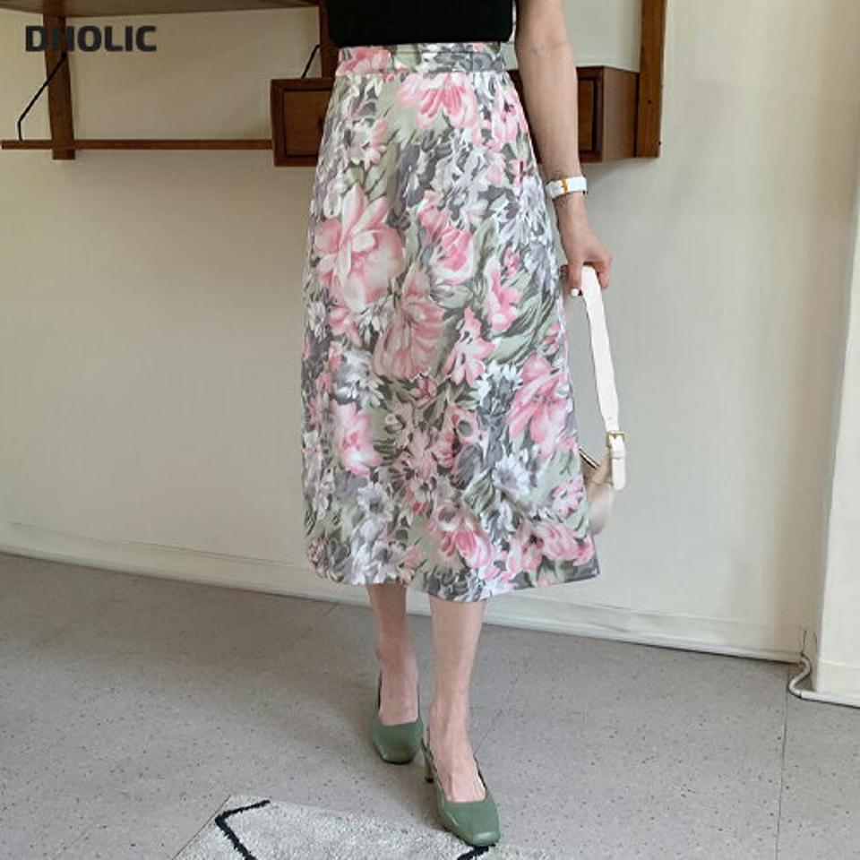 フローラルロングスカート・全2色・t65308 レディース 【sk】【韓国 ファッション ボトムス スカート ロング ロングスカート 花柄 フラワー パターン ゴム Aライン フェミニン スリム フィット 体型カバー 細身 夏 春】