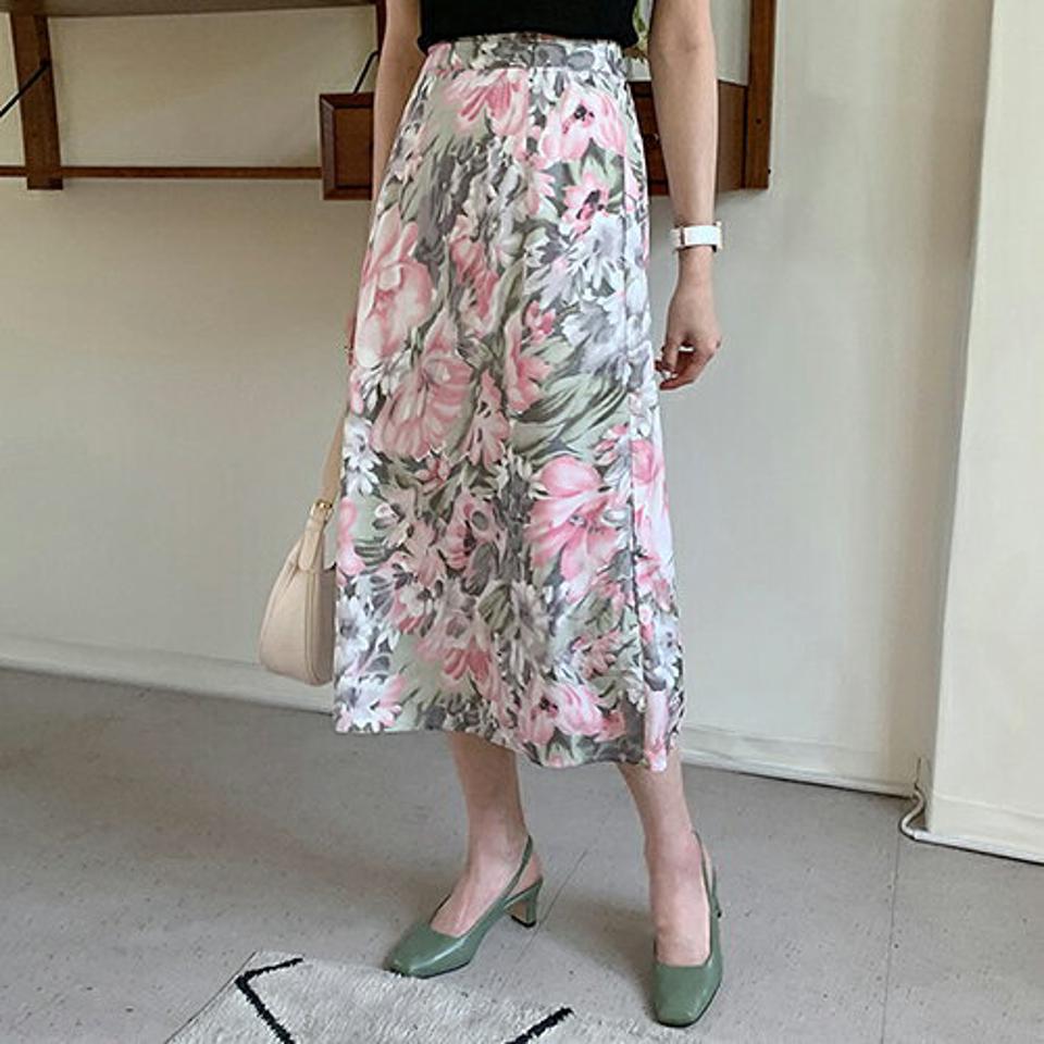 フローラルロングスカート・全2色・t65308 レディース 【sk】【韓国 ファッション ボトムス スカート ロング ロングスカート 花柄 フラワー パターン ゴム Aライン フェミニン スリム フィット 体型カバー 細身 夏 春】