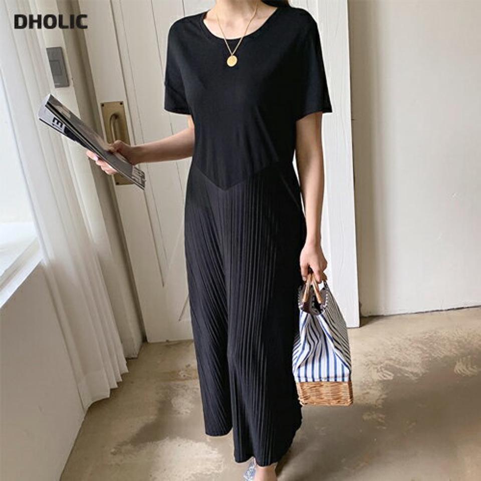 プリーツコントラストロングピース・全3色・b68258 レディース 【ops】【ワンピース ロング ロングワンピース 半袖 プリーツ コントラスト フェミニン シンプル カジュアル ラフ 春 夏 韓国 ファッション】【ハイホリHIHOLLI】