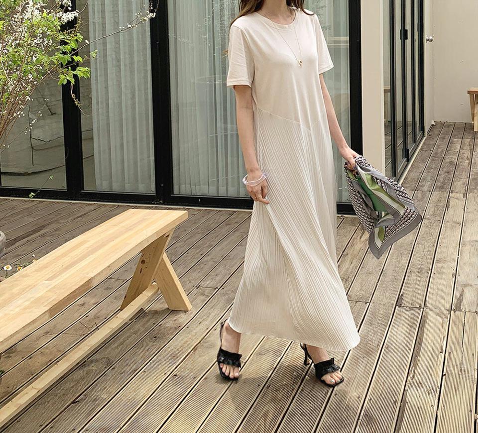 プリーツコントラストロングピース・全3色・b68258 レディース 【ops】【ワンピース ロング ロングワンピース 半袖 プリーツ コントラスト フェミニン シンプル カジュアル ラフ 春 夏 韓国 ファッション】【ハイホリHIHOLLI】