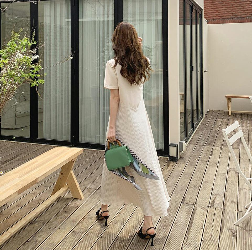 プリーツコントラストロングピース・全3色・b68258 レディース 【ops】【ワンピース ロング ロングワンピース 半袖 プリーツ コントラスト フェミニン シンプル カジュアル ラフ 春 夏 韓国 ファッション】【ハイホリHIHOLLI】