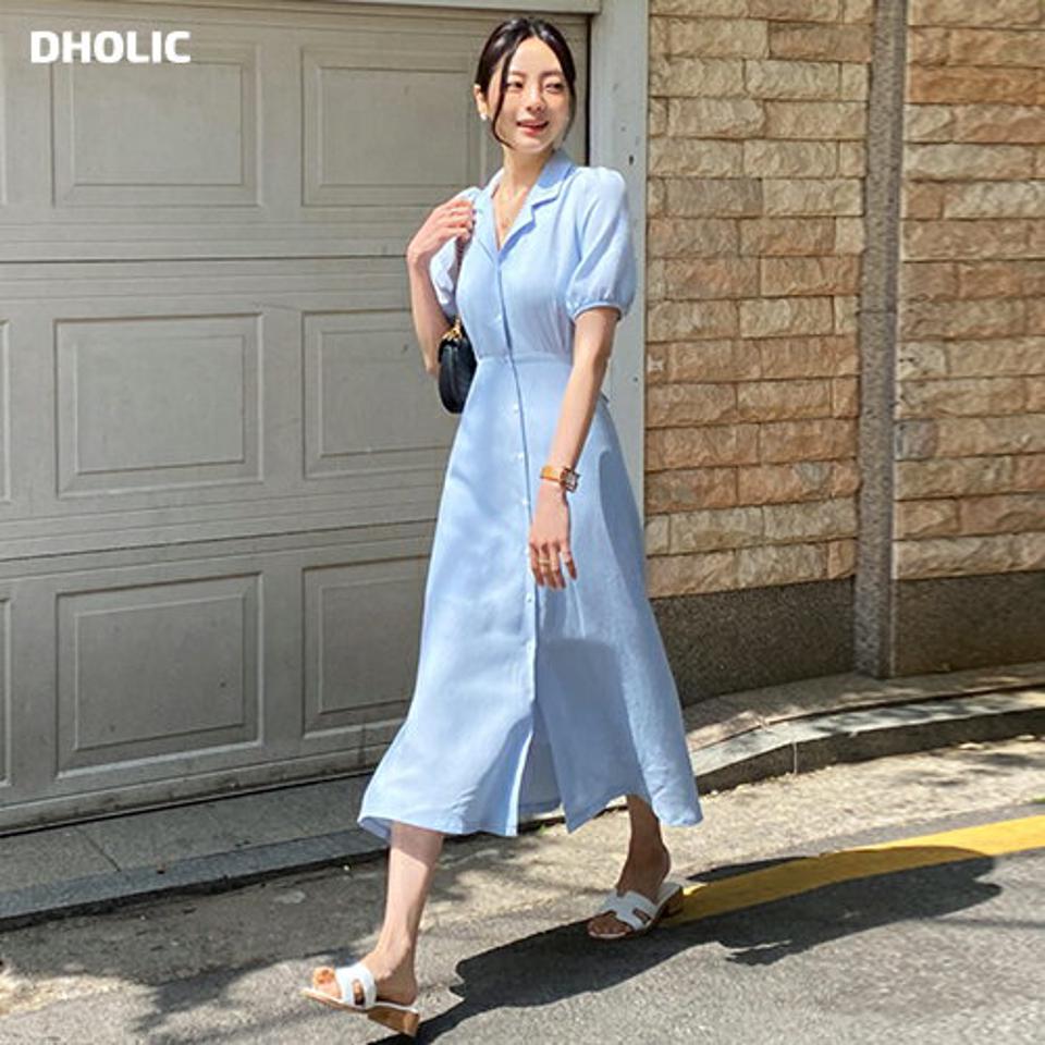 ≪人気商品再入荷≫カラーフレアワンピース・全4色・t57384 レディース 【ops】 韓国ファッション ワンピース ロングワンピース 半袖 フェミニン ブランド カラー リボン ギャザー スリム フィット カジュアル 水色 夏 春