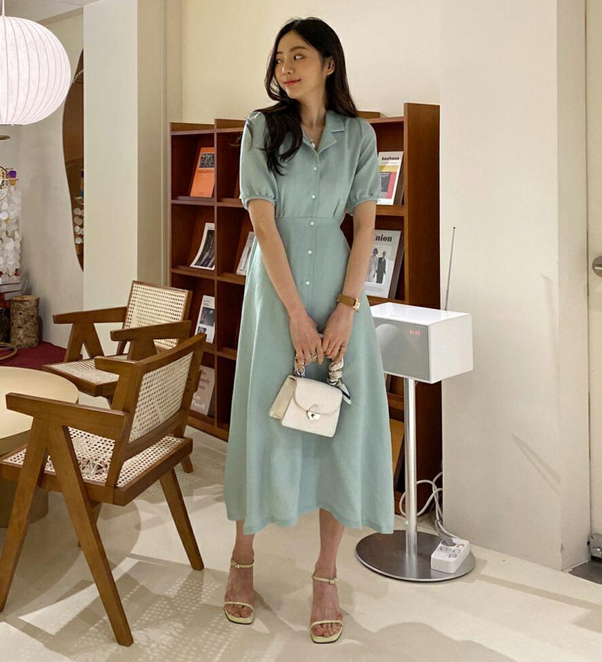 ≪人気商品再入荷≫カラーフレアワンピース・全4色・t57384 レディース 【ops】 韓国ファッション ワンピース ロングワンピース 半袖 フェミニン ブランド カラー リボン ギャザー スリム フィット カジュアル 水色 夏 春