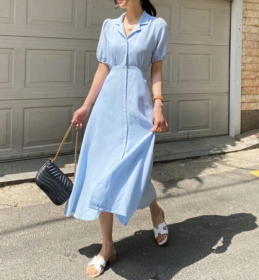 ≪人気商品再入荷≫カラーフレアワンピース・全4色・t57384 レディース 【ops】 韓国ファッション ワンピース ロングワンピース 半袖 フェミニン ブランド カラー リボン ギャザー スリム フィット カジュアル 水色 夏 春