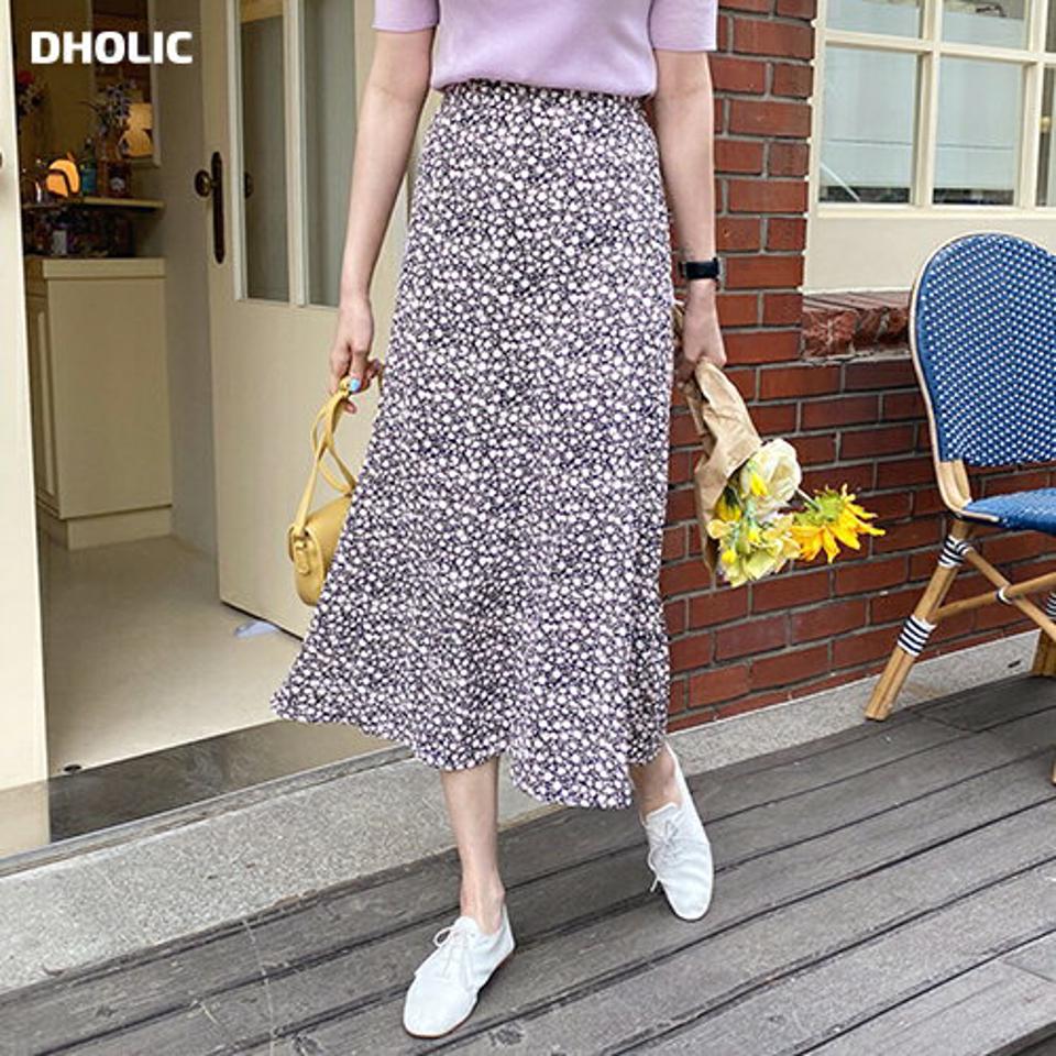 花柄フレアスカート・全2色・b57367 レディース 【sk】 韓国 ファッション ボトムス スカート ロング ロングスカート 花柄 フラワー パターン ドライ ナイロン フレア ゴム フェミニン 体型カバー 細身 夏 春