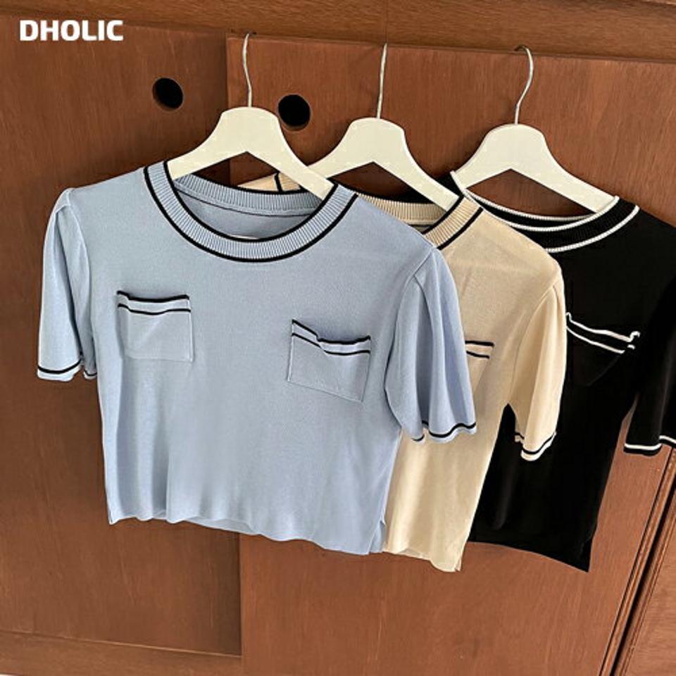 【只今10%OFF】配色ポケットニット・全3色・t65155 レディース 【tops】【韓国 ファッション トップス ニット 半袖 モダン メリハリ 配色 ラウンドネック やわらかい スリム フィット 体型カバー 細身 フェミニン ポケット 夏 春】