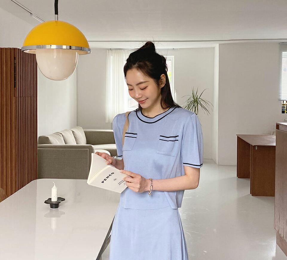【只今10%OFF】配色ポケットニット・全3色・t65155 レディース 【tops】【韓国 ファッション トップス ニット 半袖 モダン メリハリ 配色 ラウンドネック やわらかい スリム フィット 体型カバー 細身 フェミニン ポケット 夏 春】