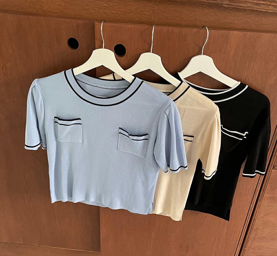 【只今10%OFF】配色ポケットニット・全3色・t65155 レディース 【tops】【韓国 ファッション トップス ニット 半袖 モダン メリハリ 配色 ラウンドネック やわらかい スリム フィット 体型カバー 細身 フェミニン ポケット 夏 春】