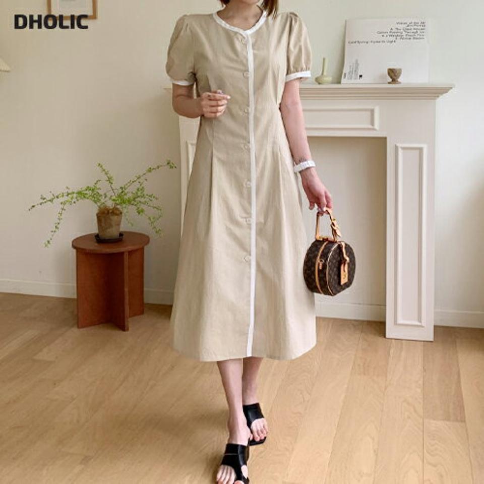 配色ラインボタンワンピース・全3色・t65329 レディース 【ops】【韓国 ファッション ワンピース ロング ロングワンピース 半袖 フェミニン 配色 ライン コットン リボン パフスリーブ 体型カバー 細身 夏 春】