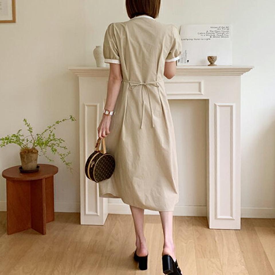 配色ラインボタンワンピース・全3色・t65329 レディース 【ops】【韓国 ファッション ワンピース ロング ロングワンピース 半袖 フェミニン 配色 ライン コットン リボン パフスリーブ 体型カバー 細身 夏 春】