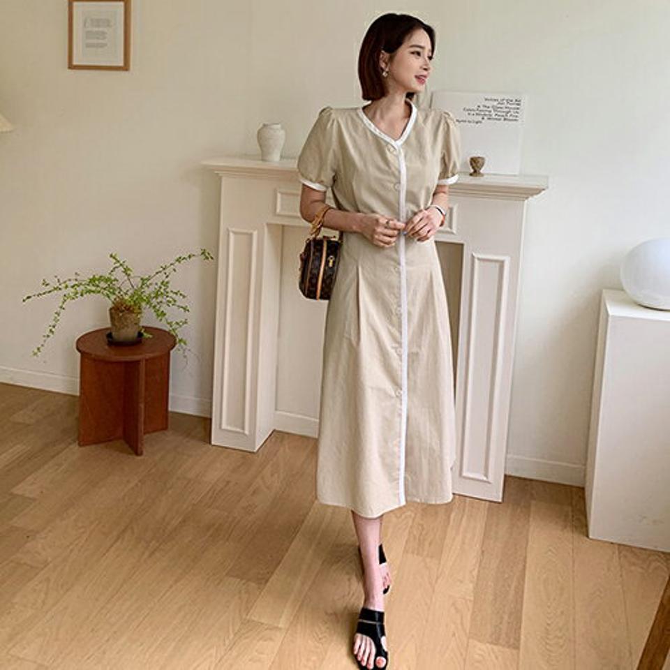 配色ラインボタンワンピース・全3色・t65329 レディース 【ops】【韓国 ファッション ワンピース ロング ロングワンピース 半袖 フェミニン 配色 ライン コットン リボン パフスリーブ 体型カバー 細身 夏 春】