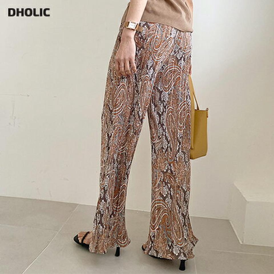 【全品10%OFF】ペイズリープリーツパンツ・全3色・t57375 レディース 【pt】【韓国 ファッション ボトムス ロング ロングパンツ 美脚 プリーツ 上品 ペイズリー パターン 大人 ゴム ウェーブ ワイド スリム 10分丈 体型カーバー 細身 夏 春】