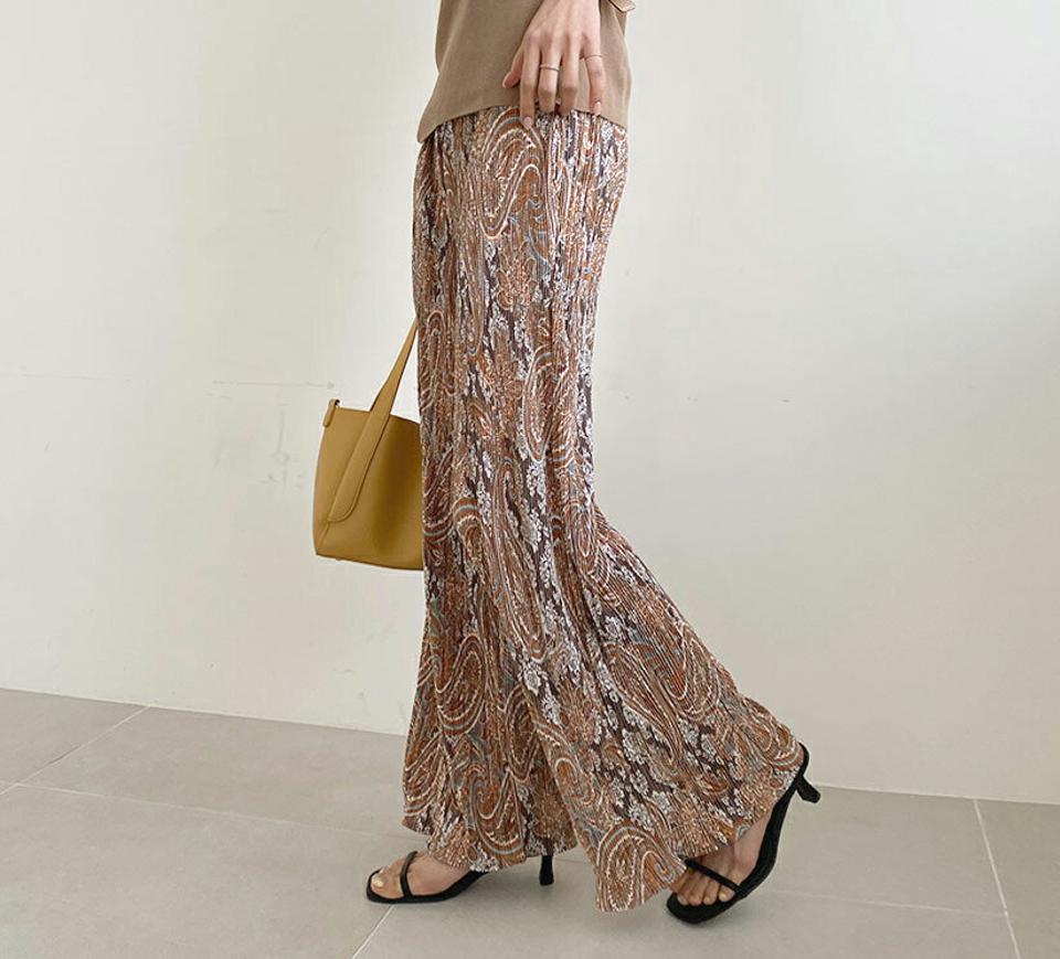 【全品10%OFF】ペイズリープリーツパンツ・全3色・t57375 レディース 【pt】【韓国 ファッション ボトムス ロング ロングパンツ 美脚 プリーツ 上品 ペイズリー パターン 大人 ゴム ウェーブ ワイド スリム 10分丈 体型カーバー 細身 夏 春】