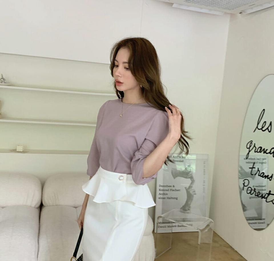 フリルパワーショルダーブラウス・全3色・t68259 レディース 【bl】【トップス ブラウス フリル 単色 無地 シンプル フェミニン 七分丈 七分袖 7分丈 7分袖 パフ袖 パフスリーブ 春 秋 韓国 ファッション】【ハイホリHIHOLLI】