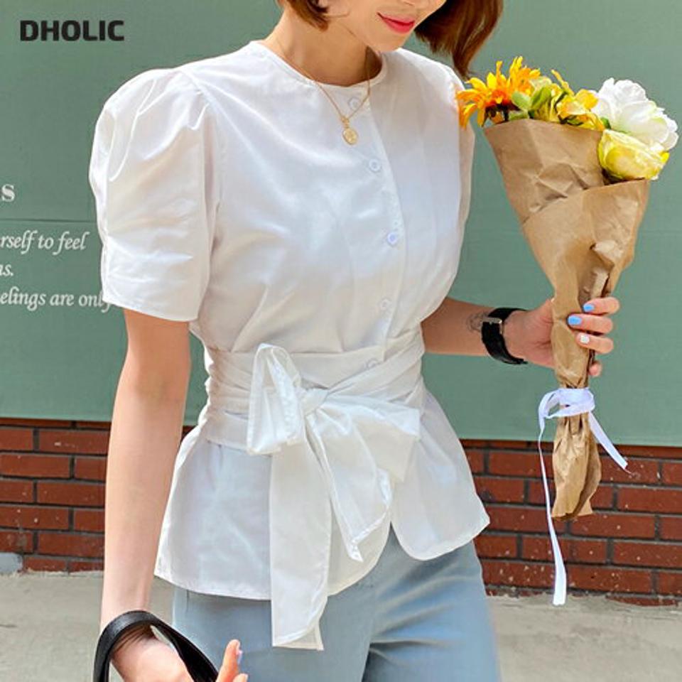 リボンラップボタンブラウス・全2色・t57350 レディース 【bl】【韓国 ファッション トップス ブラウス 半袖 リボン ラウンドネック フェミニン 体型カバー スリム ボリューム ガーリー フィット フレア 夏 春】