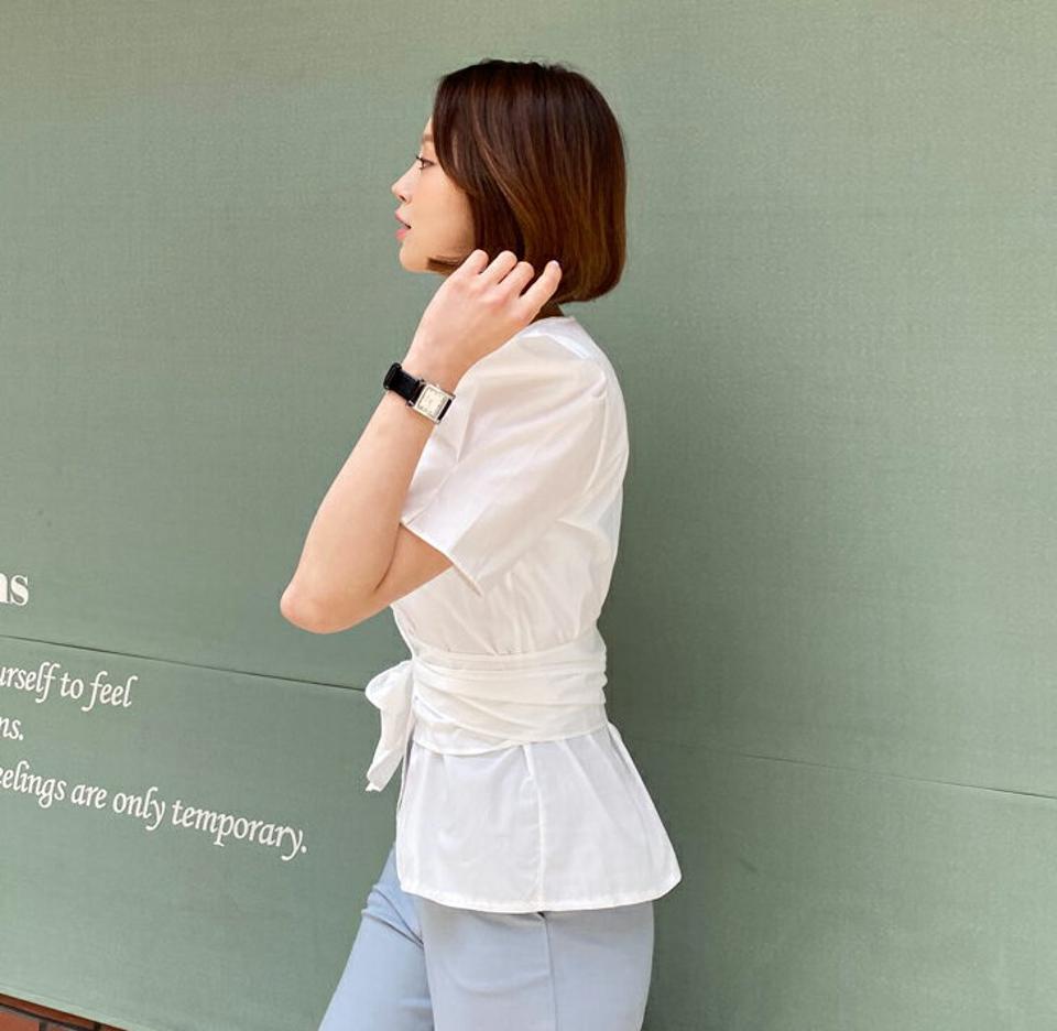 リボンラップボタンブラウス・全2色・t57350 レディース 【bl】【韓国 ファッション トップス ブラウス 半袖 リボン ラウンドネック フェミニン 体型カバー スリム ボリューム ガーリー フィット フレア 夏 春】