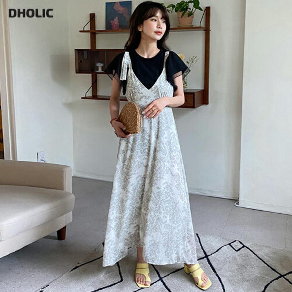 花柄スリーブレスワンピース・全2色・b65330 レディース 【ops】 韓国 ファッション ワンピース ロング ロングワンピース スリーブレス ノースリーブ キャミワンピース レイヤード風 花柄 フラワー パターン ストラップ フレア 体型カバー 細身 夏 春