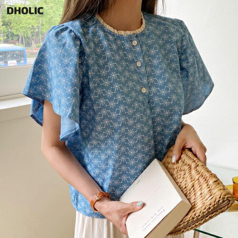 刺繍フレアスリーブブラウス・全2色・t65325 レディース 【bl】 韓国 ファッション トップス ブラウス 半袖 刺繍 パターン 5分丈 フレアスリーブ レース ラウンドネック 体型カバー スリム ボリューム ガーリー 夏 春