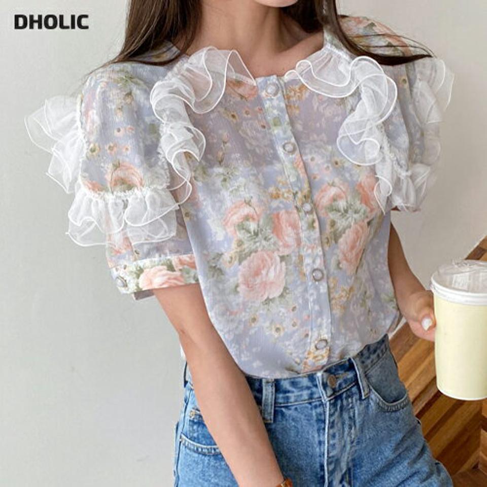 花柄レースカラーブラウス・全2色・t65327 レディース 【bl】 韓国 ファッション トップス ブラウス 半袖 花柄 フラワー パターン フローラル レース ビックカラー 体型カバー スリム ボリューム ガーリー 夏 春