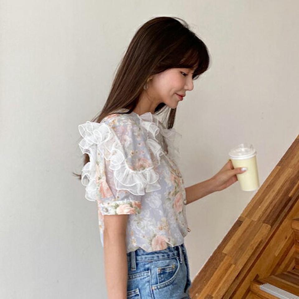 花柄レースカラーブラウス・全2色・t65327 レディース 【bl】 韓国 ファッション トップス ブラウス 半袖 花柄 フラワー パターン フローラル レース ビックカラー 体型カバー スリム ボリューム ガーリー 夏 春