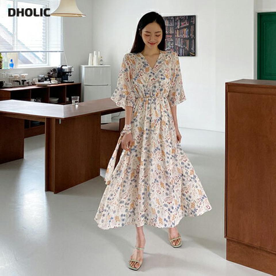 Vネック花柄ワンピース・全3色・b65153 レディース 【ops】 韓国ファッション ワンピース ロングワンピース 半袖 フェミニン 花柄 フラワー Vネック ストラップ 7分丈 フレアスリーブ 体型カバー 夏 春