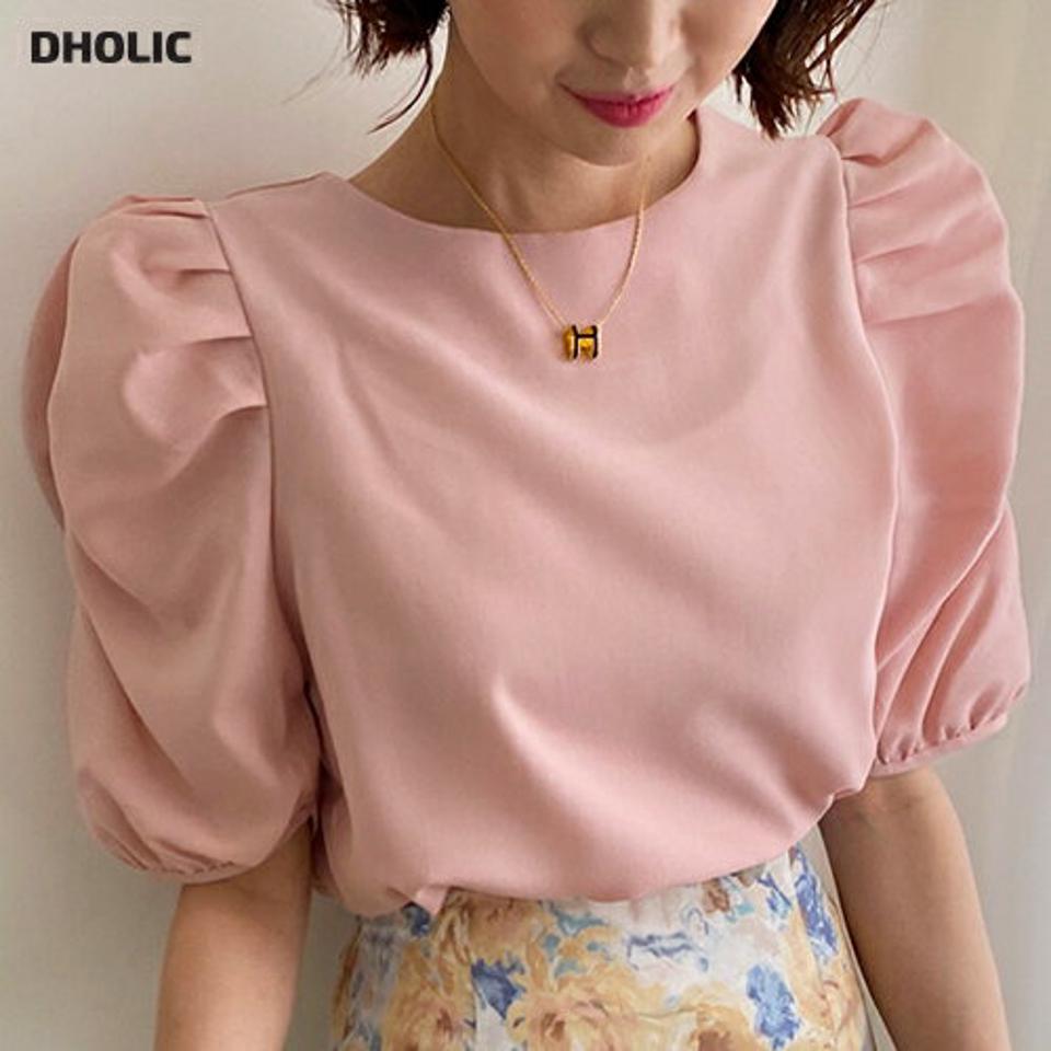 パフスリーブブラウス・全4色・t57378 レディース 【bl】 韓国 ファッション トップス ブラウス 半袖 パフスリーブ ラウンドネック ベーシック 無地 フェミニン オフィス オフィスカジュアル 体型カバー スリム ボリューム 夏 春