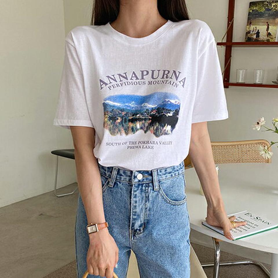 マウントレタリングTシャツ・全3色・t65313 レディース 【tops】【韓国 ファッション トップス Tシャツ 半袖 スリム レタリング やわらかい シンプル ラウンドネック カジュアル 体型カーバー 細身 夏 春】