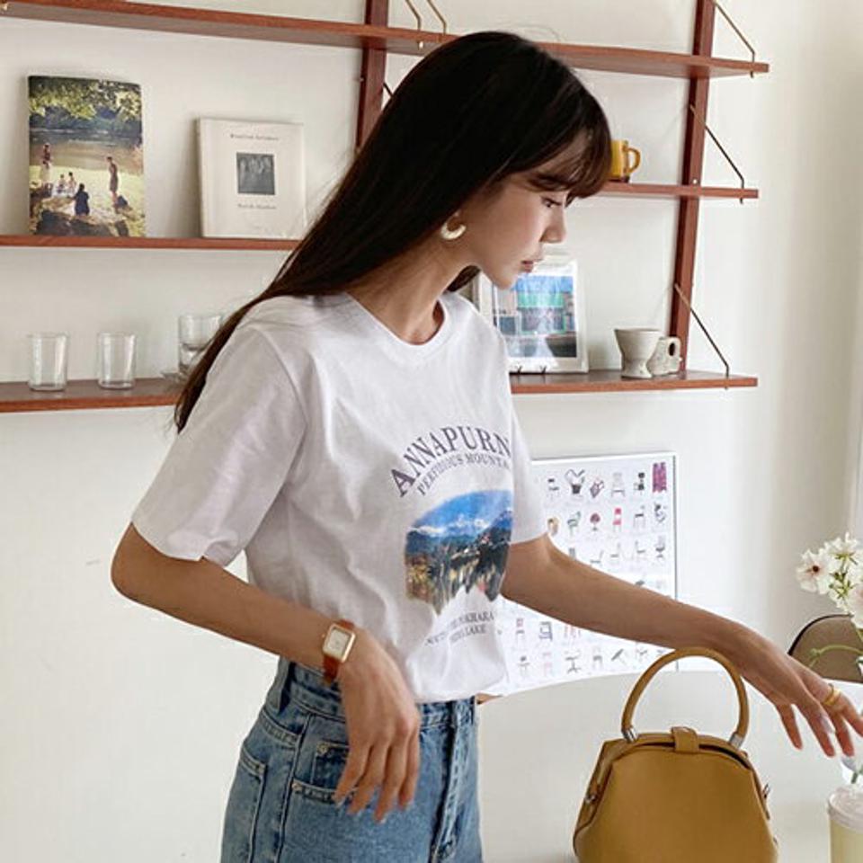 マウントレタリングTシャツ・全3色・t65313 レディース 【tops】【韓国 ファッション トップス Tシャツ 半袖 スリム レタリング やわらかい シンプル ラウンドネック カジュアル 体型カーバー 細身 夏 春】