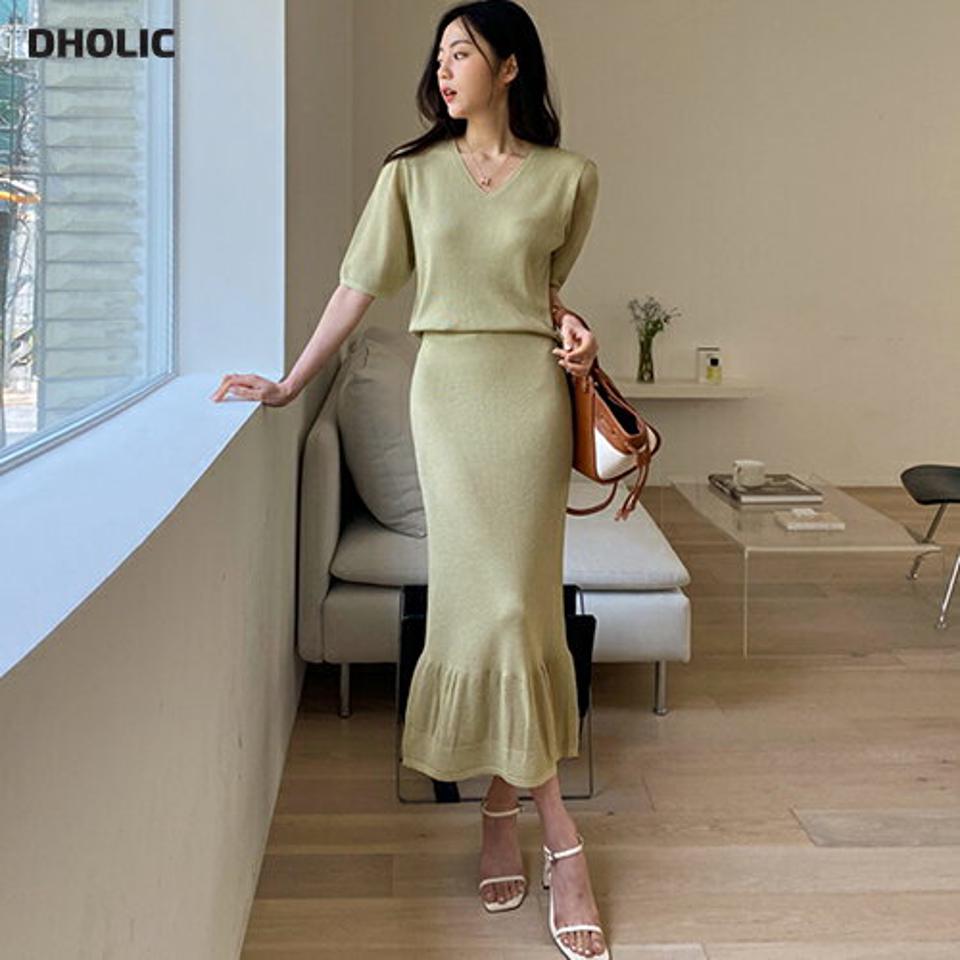 Vネックリブニット&マーメイドスカートSET・全4色・b57377 レディース 【ops】【韓国 ファッション ワンピース ロング ロングワンピース 半袖 フェミニン ニット セットアップ Vネック フレア スカート スリム フィット 体型カバー 細身 夏 春】