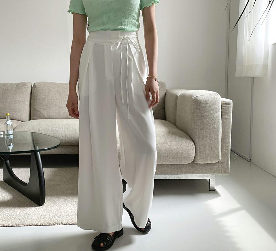 サイドリボンワイドパンツ・全3色・t64116 レディース 【pt】 韓国 ファッション ボトムス パンツ ロング ロングパンツ ワイド 美脚 ワイドパンツ ゴム リボン スリム 細身 体型カーバー 10分丈 十分丈 カジュアル 春 夏 NIJU