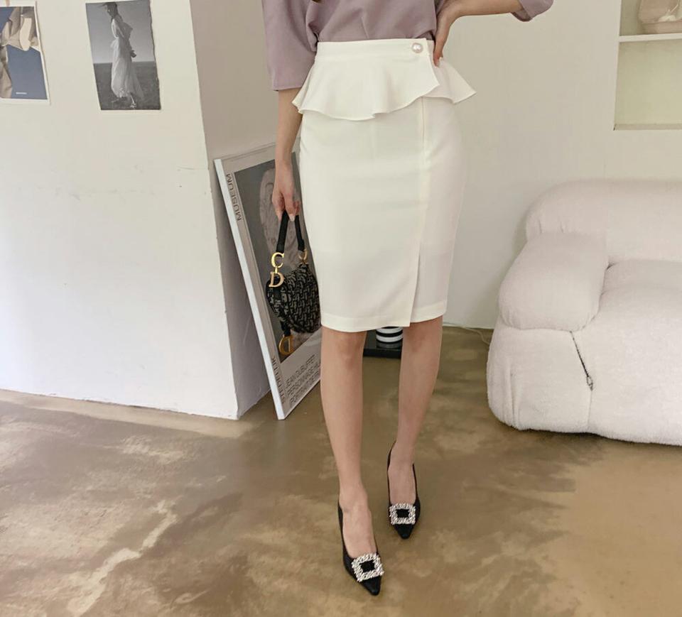 フェイクパールフリルスカート・全3色・b68275 レディース 【sk】【スカート ミディ丈 ミディスカート フリル パール 単色 シンプル フェミニン 大人 可愛い かわいい Hライン 春 秋 韓国 ファッション】【ハイホリHIHOLLI】