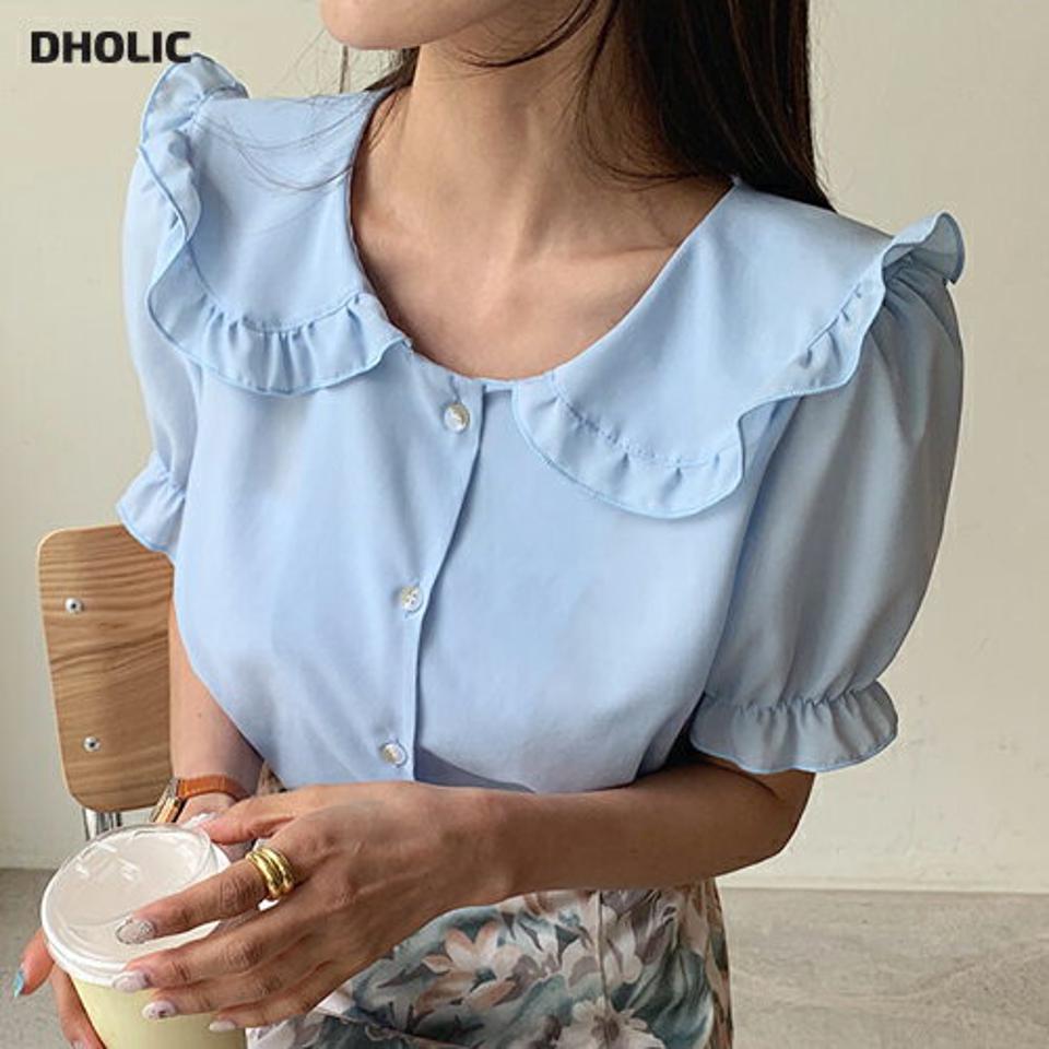 フリルカラー花柄ブラウス・全4色・t65328 レディース 【bl】【韓国 ファッション トップス ブラウス 半袖 シアー フリル 襟 パフスリーブ ビックカラー フリルカラー 体型カバー スリム ボリューム ガーリー 夏 春】