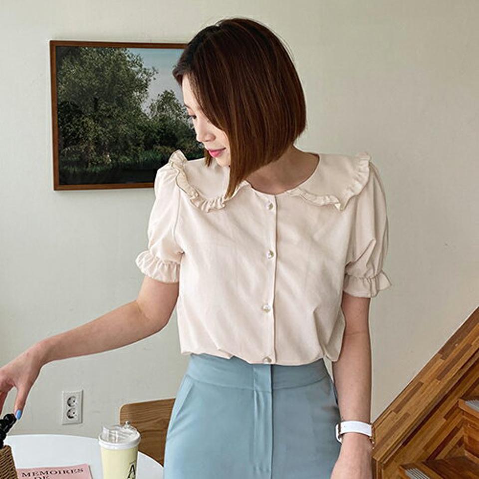 フリルカラー花柄ブラウス・全4色・t65328 レディース 【bl】【韓国 ファッション トップス ブラウス 半袖 シアー フリル 襟 パフスリーブ ビックカラー フリルカラー 体型カバー スリム ボリューム ガーリー 夏 春】