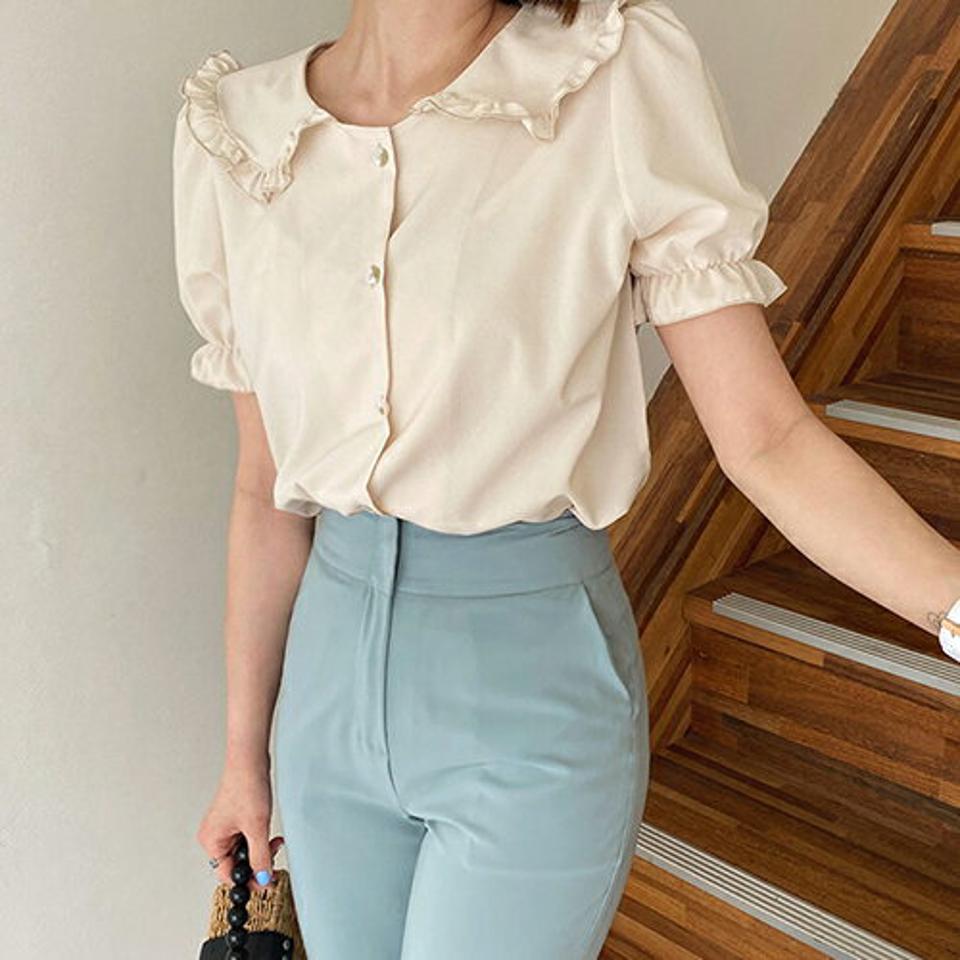 フリルカラー花柄ブラウス・全4色・t65328 レディース 【bl】【韓国 ファッション トップス ブラウス 半袖 シアー フリル 襟 パフスリーブ ビックカラー フリルカラー 体型カバー スリム ボリューム ガーリー 夏 春】